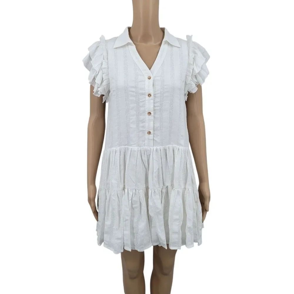 Fanco Cotton White Ruffle Sleeve Midi Dress Prarie Coastal Cowgirl Sorority Rush